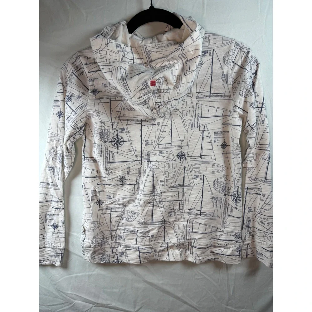 Vineyard Vines Kids Island Hoodie Sailboat Print Pima Cotton White Blue S‎ 8/10
